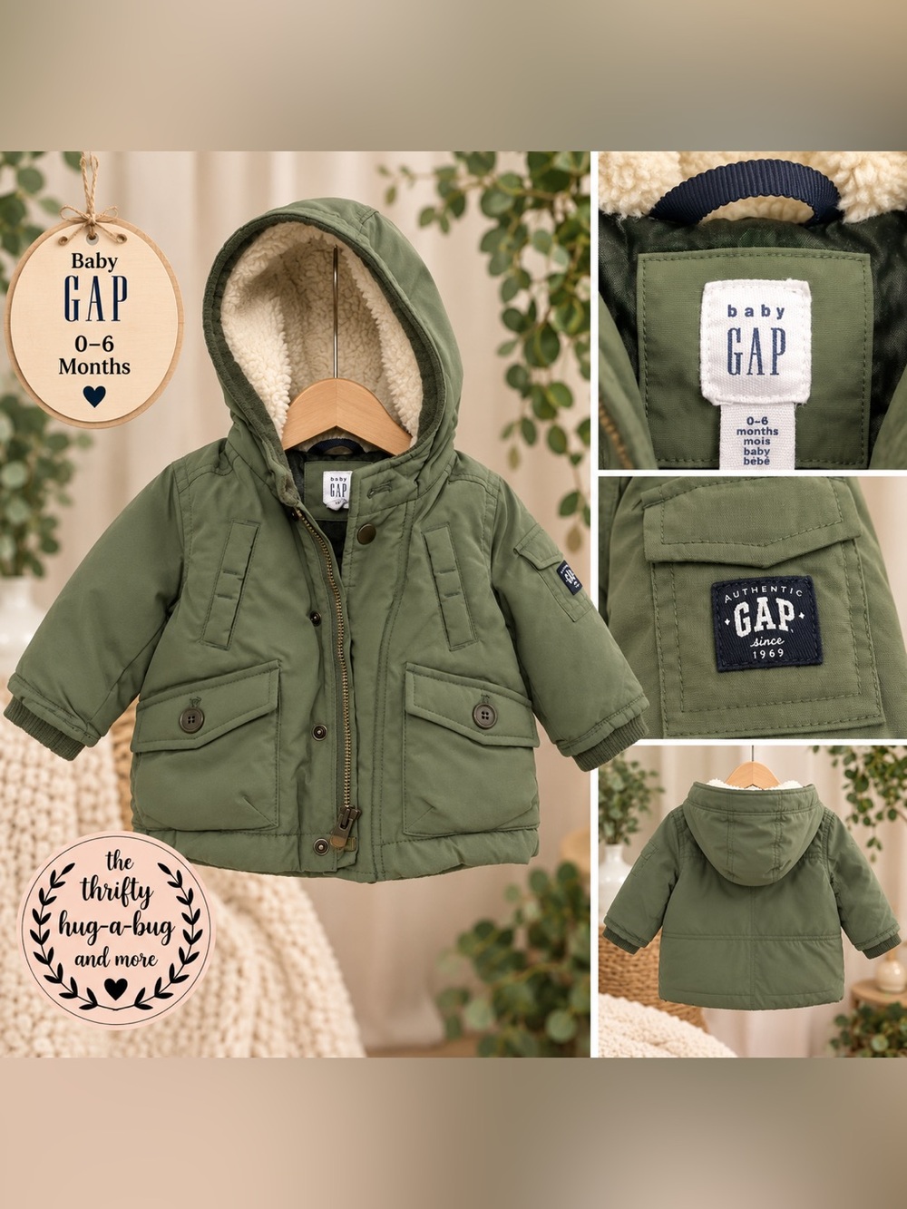 Baby GAP Olive Green Sherpa-Lined Hooded Jacket 0–6M